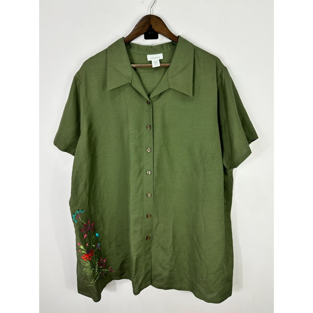 Avenue Button Down Shirt Womens 26 Green Floral Embroidered Short Sleeve Linen